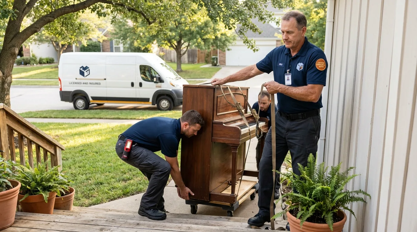 Licensed piano movers securing grand piano in Youngsville, LA