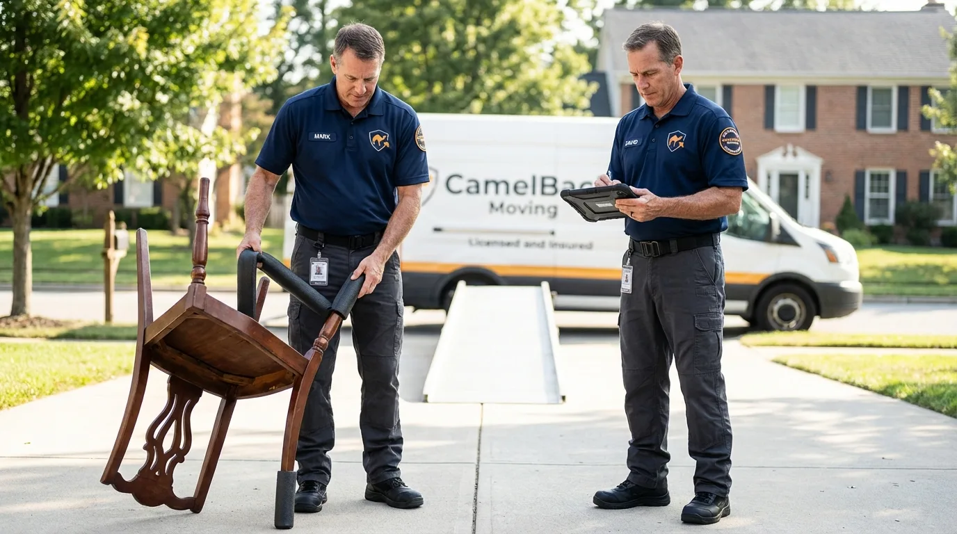 Movers inspecting furniture for damage prevention before loading in Youngsville, LA